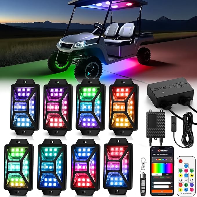 8PCS 12V-72V Golf Cart Lights, RGB Led Underglow Light Kit with 2 Remotes and App Control, Voltage Converter, Waterproof, Sound Active, Battery Drain Protect Kill Switch Golf Cart Underglow Lights