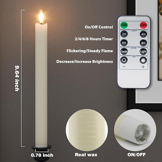 Rechargeable Flameless Taper Candles with Charging Station, 6 Pcs Real Wax LED Taper Candles Flickering with Remote&Timer, 3D Flame Battery Candlesticks for Home Wedding Christmas Decor (Ivory)