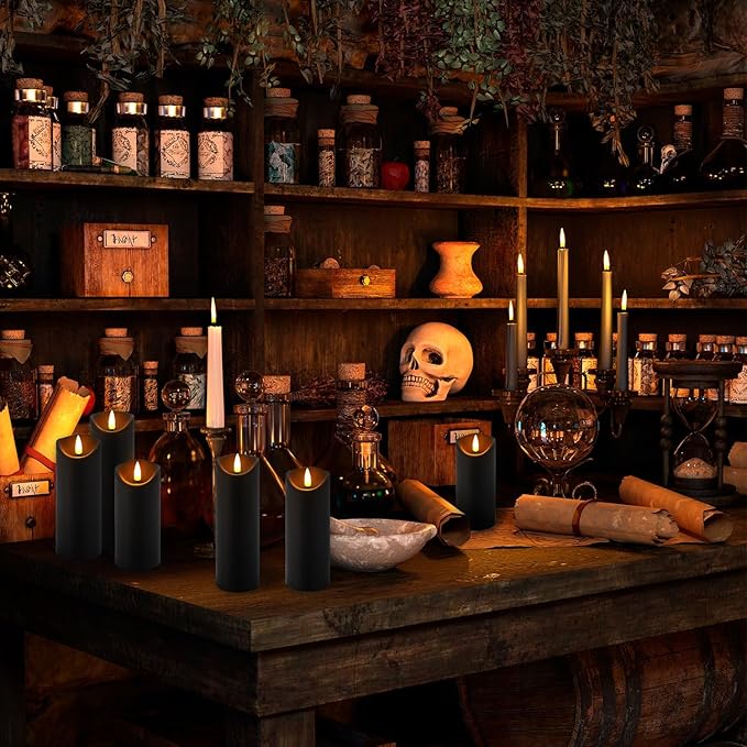 Set of 24 Flickering Black Flameless Candles, Battery Operated LED Pillar Candles with Remote Control and Timer Essential forfor Home Decor&Festival Celebrations&Table Decorations&Wedding.