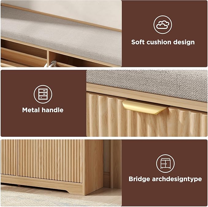 Maupvit Fluted Shoe Bench with 2 Flip-Drawers, 39.4" Narrow Entryway Bench with Shoe Storage and Seat Cushion, Adjustable Shelf, Hidden Shoe Rack Bench for Front Door Entrance, Hallway, Natural