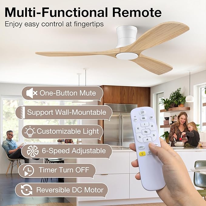 52inch Wood Ceiling Fans with Lights and Remote,Low Profile Modern Ceiling Fan with Light,Outdoor Indoor Flush Mount Ceiling fan,for Bedroom Living room Patio,Light Wood,3 Blades,Dimmable LED,Quiet