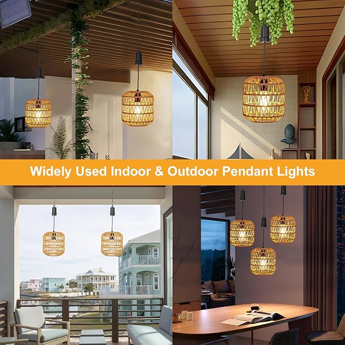 Livinlarge Battery Operated Hanging Pendant Ligh,Battery Outdoor Chandelier,Rattan Light with Warm White Bulb,4*AA Battery Powered for Gazebo Backyard Pergola Porch Patio Outdoor Indoor Decor