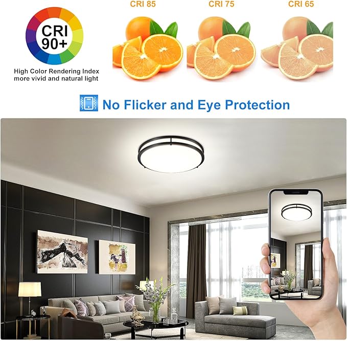 DLLT Flush Mount LED Ceiling Light: 16 Inch 5CCT (3000K-6000K) & Dimmable Ceiling Light Fixtures for Bedroom Hallway - 36W Modern Black Super Bright Kitchen Lighting Fixtures Ceiling