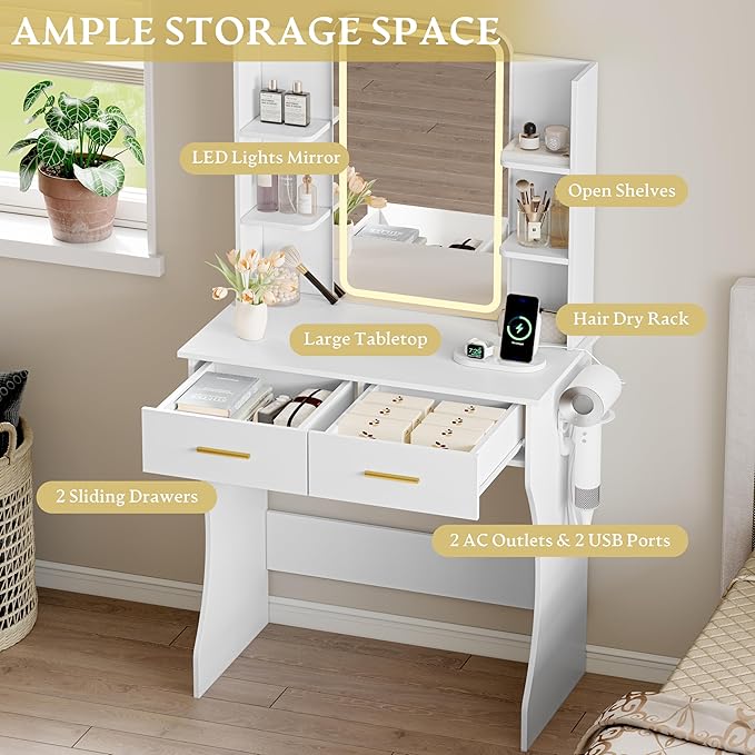 Vanity Desk with LED Lights Mirror & Power Outlet, Small Makeup Vanity Table Set with Storage Drawers, 3 Lighting Modes & Adjustable Brightness, Dressing Table for Women Girls Bedroom, White(NO Stool)