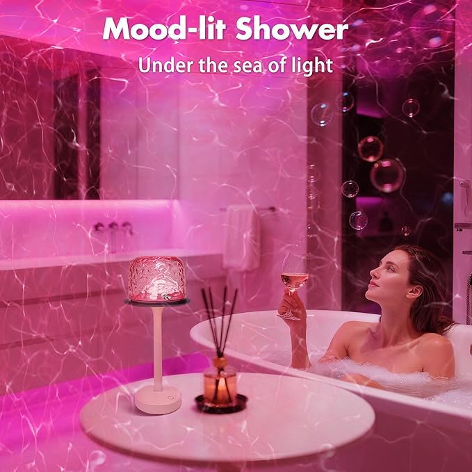 Waterproof Shower Lamp for Inside Shower, Rechargeable Bathroom Lamp with Remote & Touch Control, Cordless Shower Light with 16 Color Changeable, LED Ocean Wave Projector Light for Bathroom/Bathtub