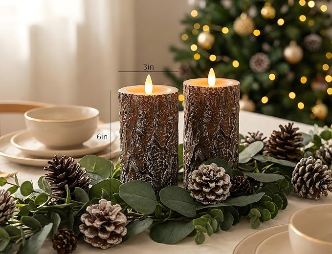 Pine Flameless Pillar Candles Flickering with Remote Timer, Battery Operated LED 3D Moving Flame Real Wax Candles, Set of 2, D3 x H6,Remote Included (Pine)