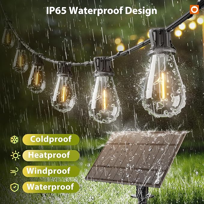 addlon 104FT(96FT+8) Solar String Lights Outdoor Waterproof with USB Port & Remote Control Solar Patio Lights for Outside Solar Powered with 34 LED Dimmable Bulbs for Porch Garden Deck Halloween