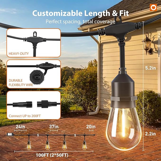 addlon 100FT Outdoor String Lights with Remote Dimmable Patio Lights Waterproof Shatterproof Edison Bulb for Outside Backyard Porch Garden Bistro Pergola Party Decor, Warm Ambience Lighting