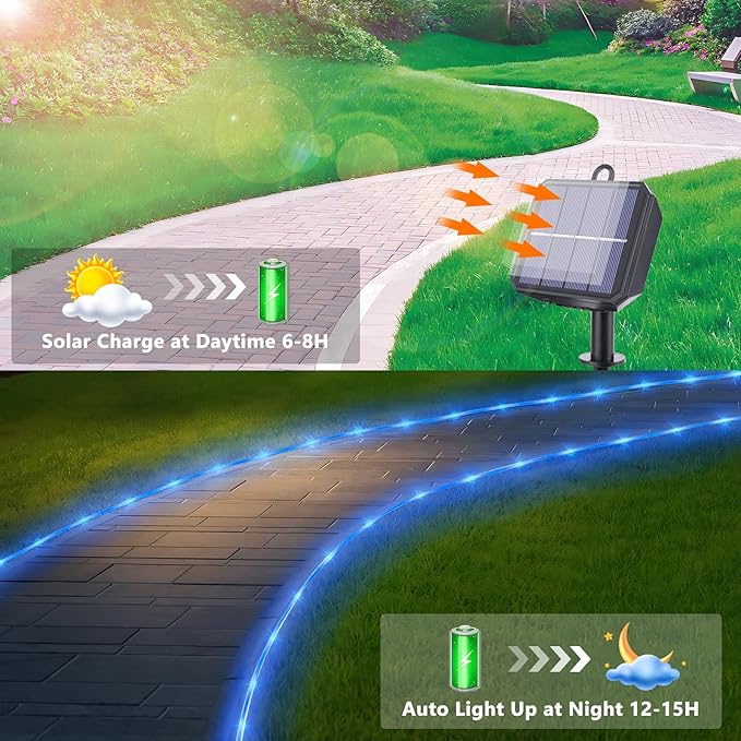 Solar Rope Lights, 33ft 100LED Solar String Lights, 8 Modes Waterproof Solar Powered Outdoor Light, Flexible Clear Tube Light for Garden Backyard Patio Deck Porch Pool Tree Christmas Decoration - Blue