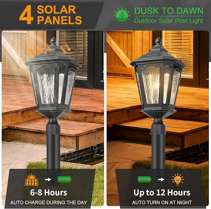 Black Solar Outdoor Post Light Fixture 21 inches Large Dusk to Dawn LED Pole Lamp Waterproof Exterior Pillar Lantern Post Lighting Remote Control for Pathway Garden Patio Gargae
