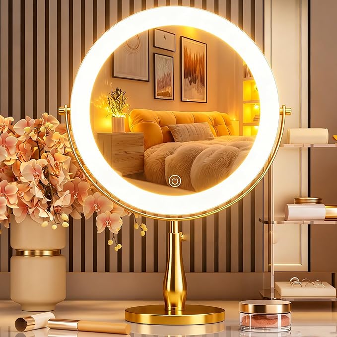 Professional 8" Large Lighted Makeup Mirror with Brighter Lights, 1X/10X True HD Magnifying Mirror with 3 Color Dimmable Lights, 92 Shadowless LEDs, 360°Swivel Seamless Vanity Mirror, Gold