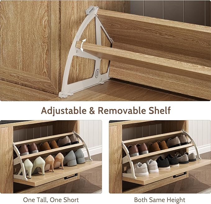 Shoe Storage Bench with Cushioned Seat, 2-Tier Entryway Bench with 2 Flip Drawers & Adjustable Shelves, 39.4" Shoe Rack Bench for Entryway, Living Room, Hallway (Natural)
