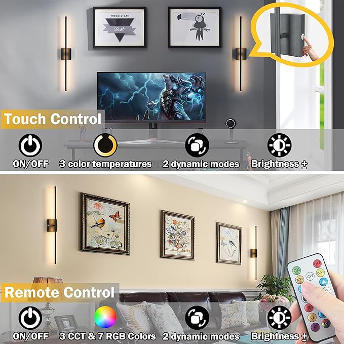 Battery Operated Wall Sconce Set Of 2, Wireless Wall light With Remote Control, 10000mAh Rechargeable Wall Sconce Up To 70 hrs Of Lighting Time, RGB Dimmable Wall Lamp For Bedroom Hallway, 360°Rotate