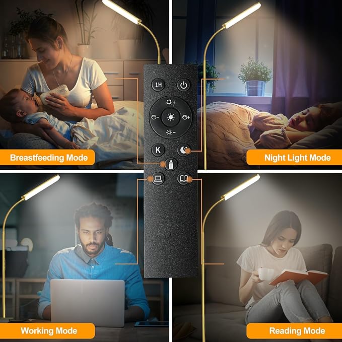 Gold Floor Lamp, 18W 1800LM Bright LED Floor Lamps for Living Room Bedroom, Dimmable Timing Eye Caring Reading Standing Lamp with Remote & Works with Smart Plug