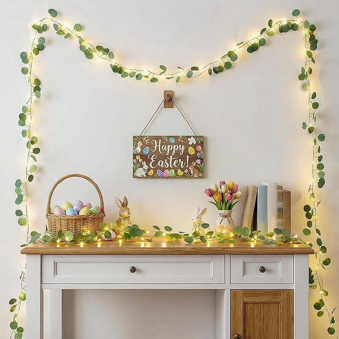 Eucalyptus Garland with 40 LED Fairy Lights – Lighted Greenery Vine with Remote & Timer, Dual Power (USB/Battery), IP44 for Cozy Home, Mantel, Wedding & Spring Decor