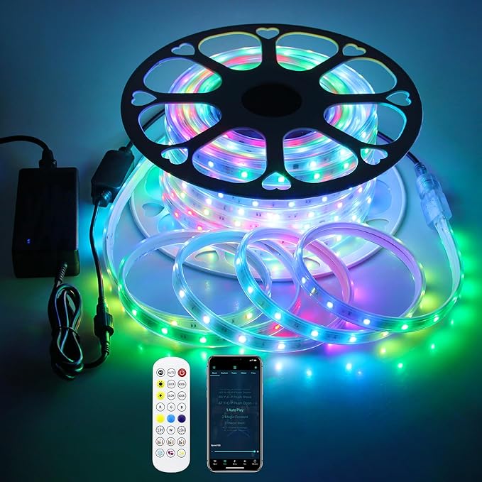 ALITOVE Permanent Outdoor LED Strip Lights 100FT Waterproof 24V RGB IC LED Strip Lights Addressable LED Rope Lights IP67 Music Sync with Remote APP Control for Wall Patio Eave Garden Pool Party Decor