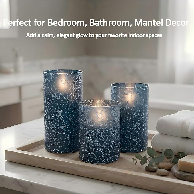 Blue Flameless Candles with Remote, Battery Operated Pillar Candles Set of 3, Flickering Real Wax LED Candles with Timer for Home Decor, Bedroom, Bathroom, Wedding Table Centerpiece