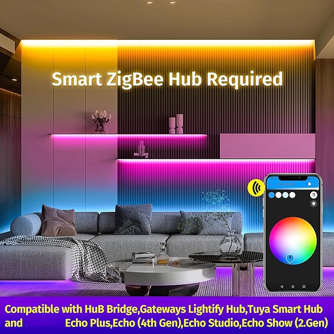 GIDERWEL 32.8ft ZigBee RGBW LED Strip Lights Smart Dimmable Kit with ZigBee 3.0 Controller,Work with Hub Bridge Echo Plus for APP/Alexa Voice Control RGB Warm White RGBWW LightStrip Ambiance Lighting