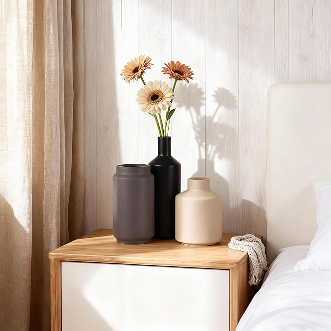 Modern 3 Piece Ceramic Vase Set - Minimalist Home Decor Vases for Living Room, Bedroom, or Entryway - Modern Neutral Table Decor for Flowers or Greenery, Shelf and Mantel Accent