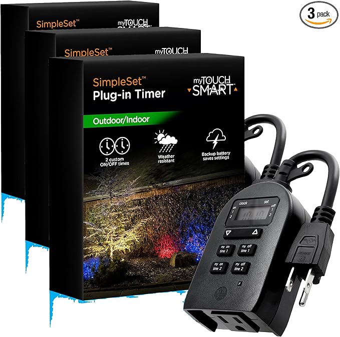 myTouchSmart Indoor/Outdoor Plug-in Digital Timer, One Grounded Outlet, Two Easy-to-Set Custom Daily On/Off Times, Weather Resistant, Ideal for Small Pumps and Seasonal Lighting, 36027 (Pack of 3)