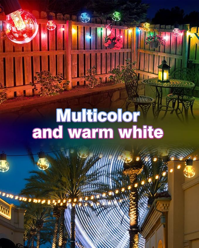 Solar String Lights Outdoor Waterproof,50FT 25LEDs Warm White & Multicolor Hanging Lights G40 Globe Solar Powered String Lights Outdoor with 8 Modes,Timer,Solar String Light for Outside Patio Yard