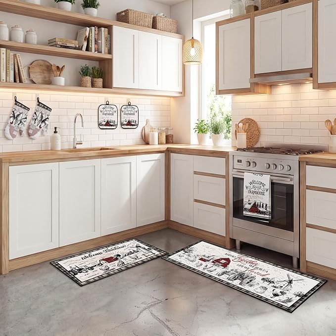 Rooster Kitchen Decor Set 10 Piece - Farmhouse Chicken Red Barn Kitchen Mats, Towels, Oven Mitts and Pot Holders - Primitive Country French Style Home Decoration