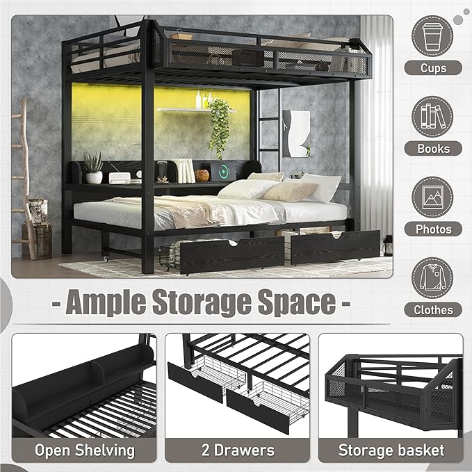 Bellemave Metal Full Over Full Size Bunk Bed Frame with Storage Drawers and Shelves,Heavy Duty Kids Bunk Beds with LED Lights and Charging Station for Teens,Adults,Convertible into a Sofa Bed,Black