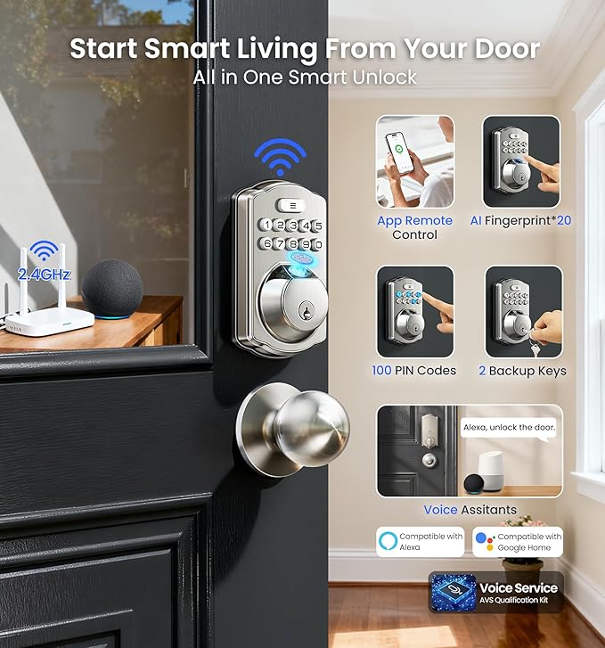 Veise VE012W-K Built-in WiFi Fingerprint Smart Lock with 2 Knobs, No Hub Needed, Remote APP Control, Keyless Entry Door Lock, Smart Deadbolt for Front Door, Auto Locking, Satin Nickel