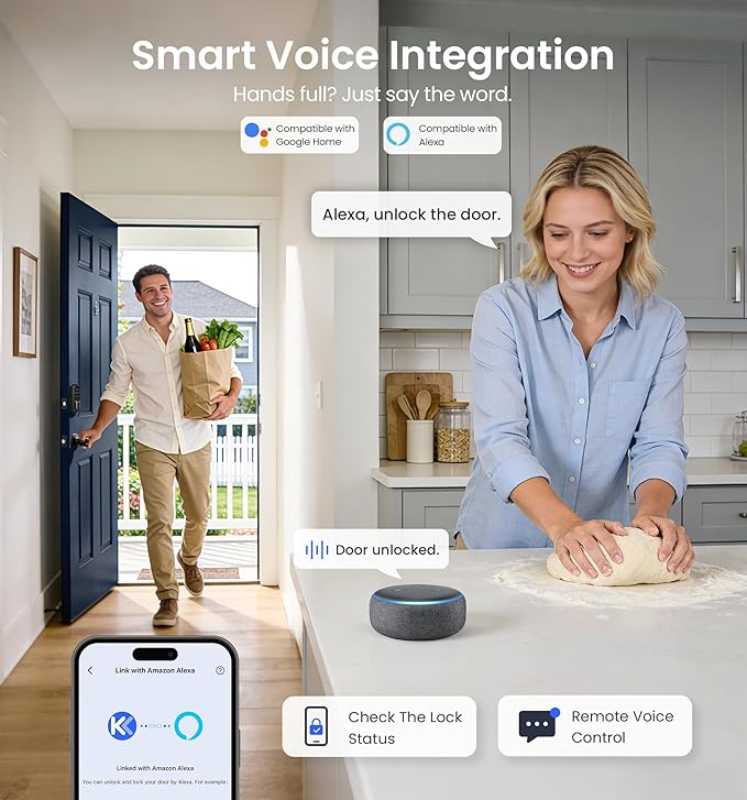 Veise VE027 Built-in Wi-Fi Smart Lock, Fingerprint Keyless Entry Front Door Lock, App Remote & Voice Control, No Hub Needed, Touchscreen Keypad Deadbolt, IP65 Waterproof, BHMA Grade 3, Matte Black