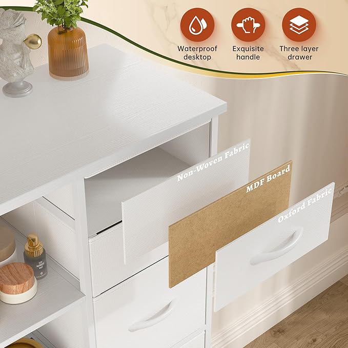 EnHomee 51" H White Dresser with 15 Drawers Dresser for Bedroom with Charging Station & LED Lights & Hutch Sturdy Bedroom Dressers, Steel Frame, Wood Top, 51.2" H x 39.3" W x 11.8" D