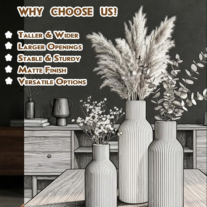 Ceramic Ribbed Vase Set of 3, Modern Farmhouse Decorative Vases in Vintage Blue, Assorted Sizes (5.9"/7.8"/9.8") for Pampas Grass, Living Room, Shelf and Table Centerpiece