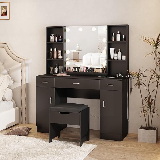 Makeup Vanity Table with Lighted Mirror & Power Outlets, Large Vanity Set Vanity Desk with Storage Stool, 3 Drawers, 3 Lighting Modes Brightness Adjustable, 45inch, Black