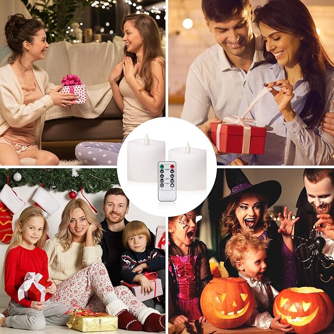 Flickering Flameless Candles Battery Operated with Remote Timer - Realistic 3D Moving Flame Candles, 600+ Hours Long-Lasting White LED Wax Candles for Wedding Home Decor, 3x3 Inch Set of 2