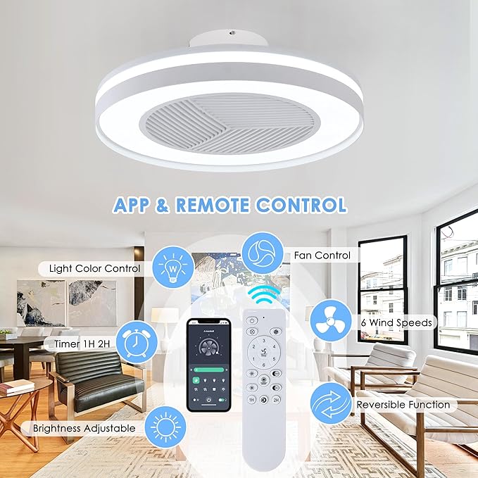 Smart Low Profle Ceiling Fans with 3-Dimmable Light Remote/APP Control, 20" Bladeless Ceiling Fans with 6 Speeds, Timer, Quiet DC Motor, Ceiling Fan with Light for Kids Bedroom/Living Room