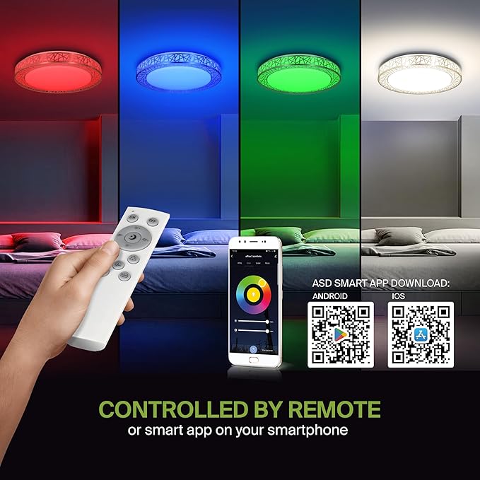 ASD 20 Inch Smart RGBW Flush Mount Ceiling Light with Remote - Brushed Nickel 42W 120V 2700-6500K Dimmable Ceiling Light Fixture, WiFi App Control RGB Lights, Alexa & Google Assistant - ETL, 2 Pack