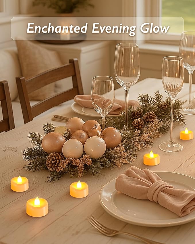 Raycare 24 Pack LED Tea Lights Battery Operated, 200+Hour Flickering Votive Candles, Realistic Fake Flameless TeaLights for Wedding Party Halloween Thanksgiving Christmas Decorations,Ivory Base