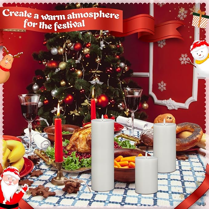 Retisee 3 Pcs White Large Flameless LED Candles with Remote Battery Operated 3D Pillar Flickering Candles for Home Indoor Outdoor Party Wedding Light Decor(6''/8''/12'' x 4'')