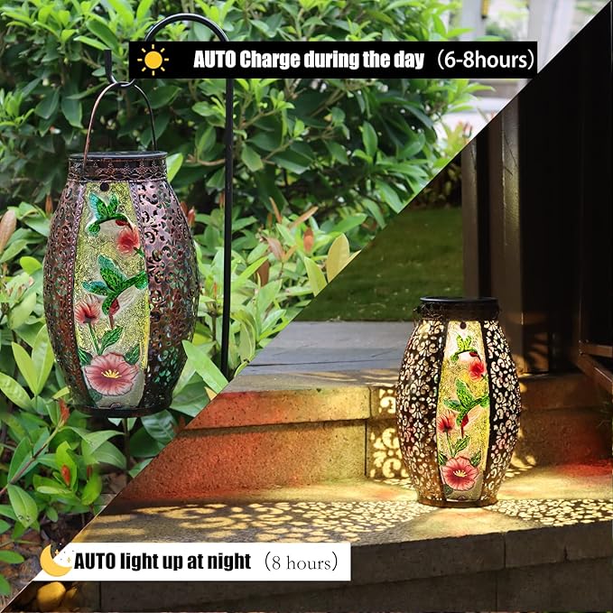 Larekook Hummingbird Solar Lantern Outdoor Waterproof,13" Large Metal Hanging Lantern Decorative,Hummingbird Solar Lights for Yard Lawn Porch Patio Garden Decor,Birthday Gifts for Women Mom