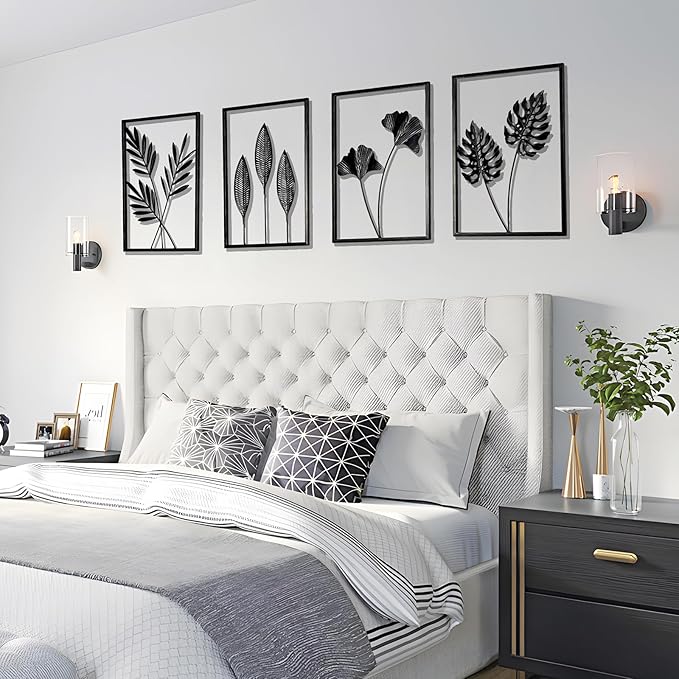 QXSXKJ Metal Wall Art, Black Frame Decor 4pack Modern Farmhouse Decor, 3d Metal Wall Ginkgo Art With Lamp for Living Room, Bedroom, Kitchen, Office (without light 17x12)