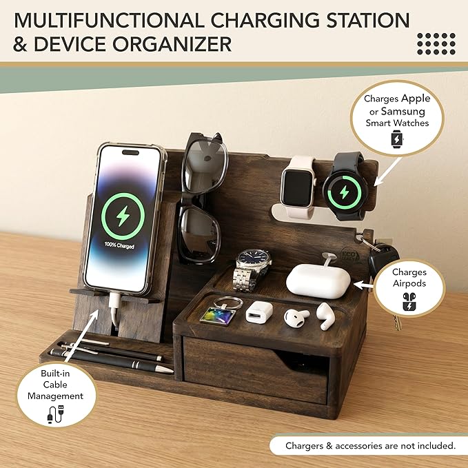 Nightstand Organizer- Phone Docking Station for Men- Unique Gifts for Husband, Father or Dad from Wife, Son or Daughter- Desk Organizer for Cellphone, Watches, Wallet and Key (Rustic)
