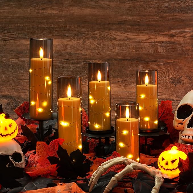 Homemory 12Pcs Flameless Candles with Star String Fairy Lights, Flickering Battery Operated Candles, LED Fake Candles with Remote and Timer, Halloween, Weddings, Home Decor, Grey