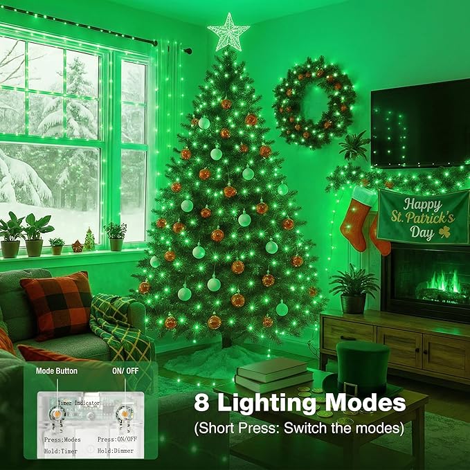 6 Pack 16FT 50 LED St. Patrick's Day Fairy Lights with Timer, 8 Modes USB Mini Twinkle Light Battery Operated, Small String Lights for Wreath Vase Bedroom DIY Party Decorations-Green