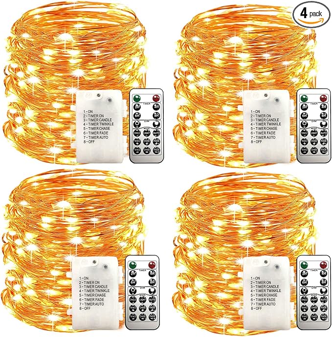 4 Pack 33Ft 100 Warm White Led Fairy Lights Battery Operated with Remote Control Timer Waterproof Silver Copper Wire Twinkle Lights