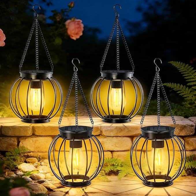 Outdoor Solar Lanterns, Waterproof Metal Hanging Lights with Warm White LED, Auto On/Off, Upgraded Brighter Decorative Lanterns for Garden Patio Yard Porch, Gifts for Women Mom, 4 Pack