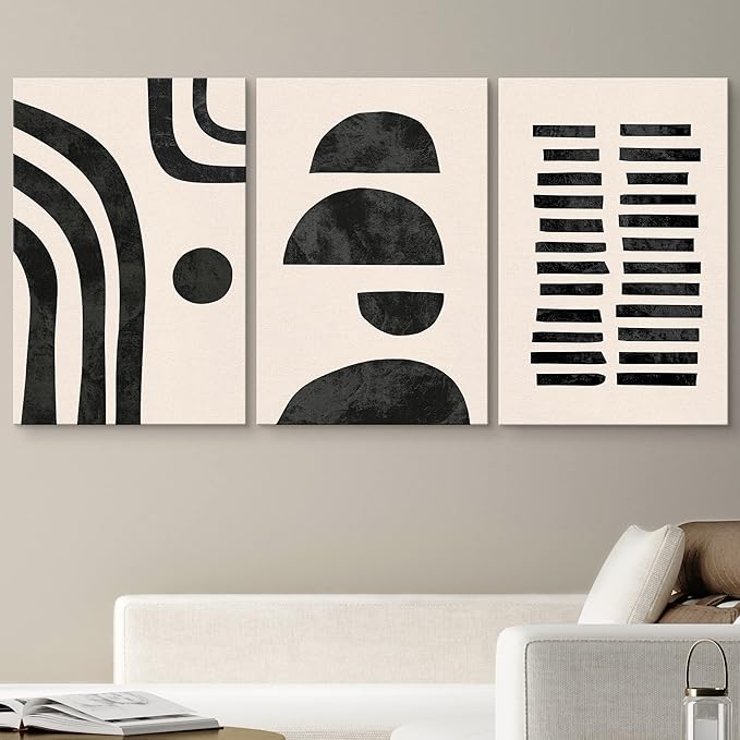 wall26 Wall Art Print Set Black and Tan Semi Circles and Lines Geometric Shapes Digital Art Modern Art Mid-Century Modern Relax/Calm for Living Room, Bedroom, Office - 16"x24" x 3