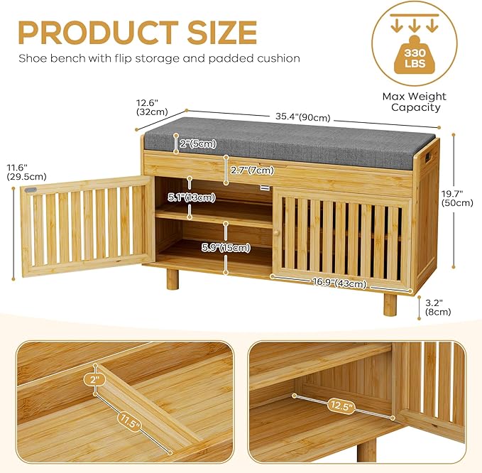 35.4in Shoe Storage Bench, Bamboo Entryway Bench with Lift Top Storage & Padded Seat Cushion, 2-Tier Shoe Rack Cabinet with 2 Doors for Entryway, Living Room, Bedroom, Mudroom, Natural