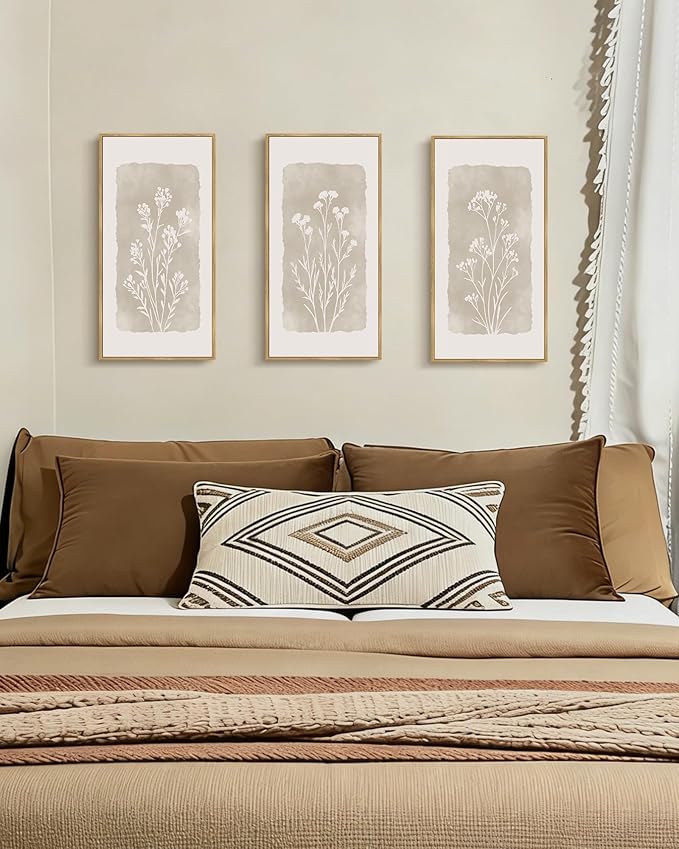 KUVIOKE Vintage Botanical Framed Wall Art White Floral Decor Print Modern Rustic Farmhouse Home Office Kitchen Hallway 8x16in3pcs Natural Framed