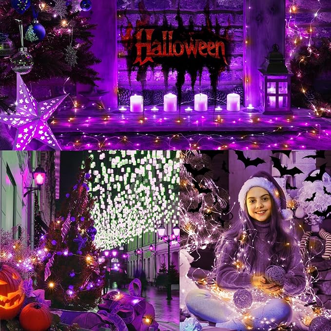 LAMPHOME Halloween Fairy Lights Plug in, 33Ft 100 LEDs Waterproof Twinkle Firefly Lights, Adaptor Included, Starry String Lights for Wedding Indoor Outdoor Christmas Patio Garden, Orange and Purple