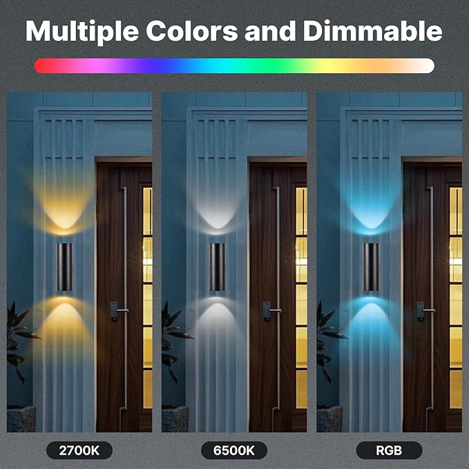RGBCW Outdoor Wall Light 2 Pack, Smart Porch Light Dusk to Dawn Lighting with Remote Control, WiFi Outdoor Wall Sconce, Compatible with Alexa, Exterior Lights for House Porch Garage