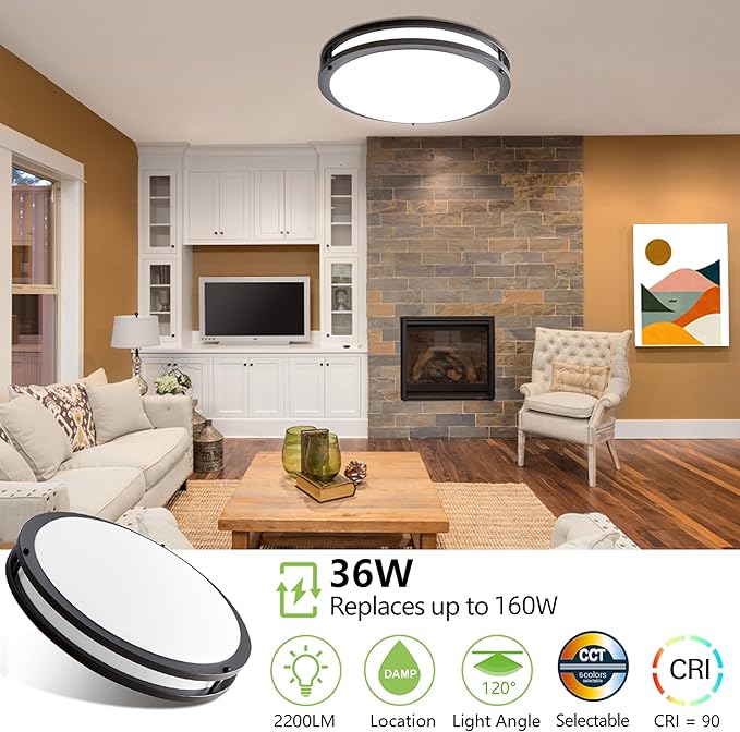 hykolity 16 inch Dimmable LED Flush Mount Ceiling Light, Oil Rubbed Bronze, 36W, 2200LM, 2.7/3/3.5/4K/5K Adjustbale, 120°Light Angle, CRI90, Ceiling Lamp for Bedroom, Kitchen, Office,ETL Listed
